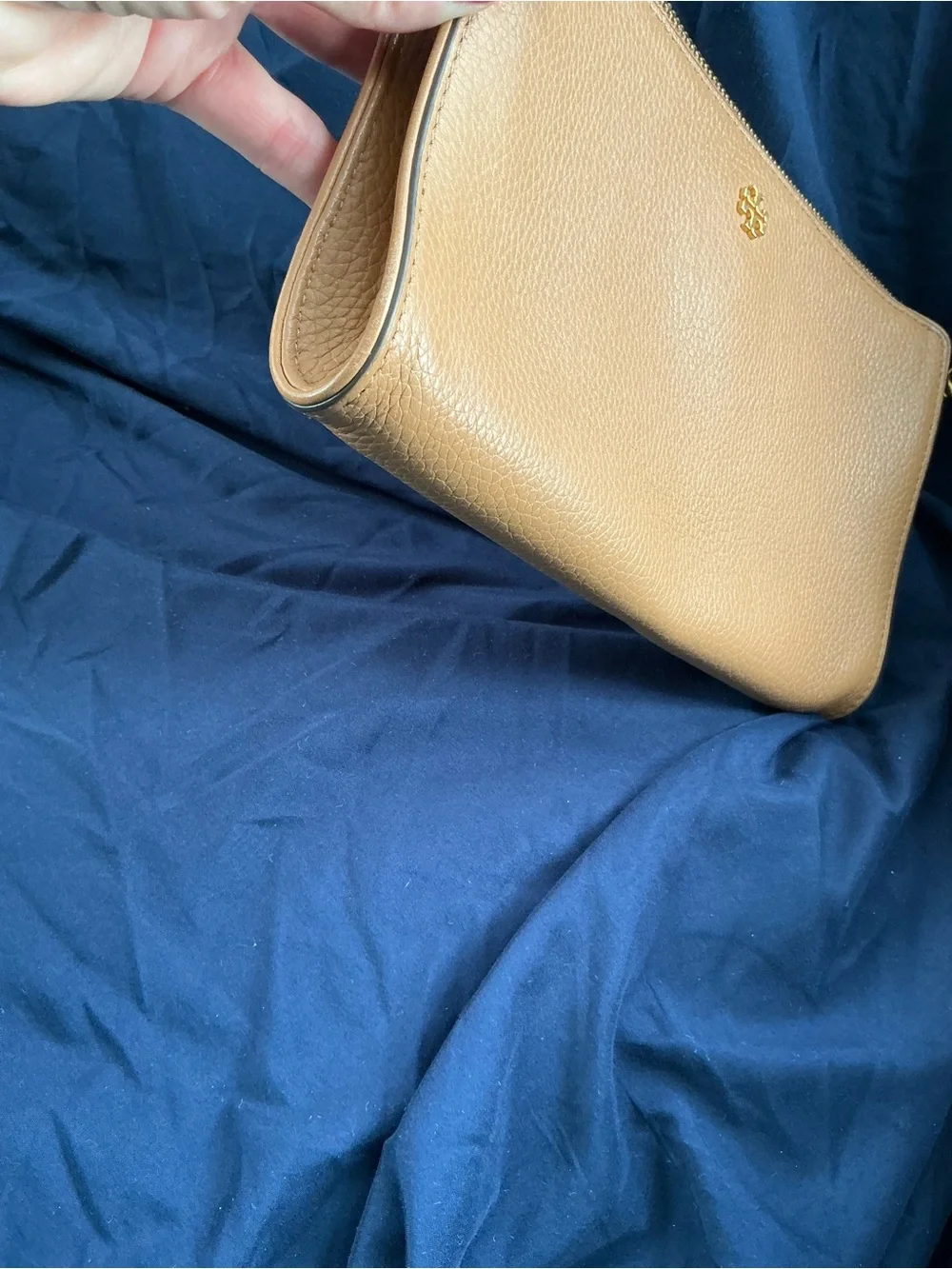 Tory Burch Beige/Tan Pebbled Leather Crossbody with Gold Logo